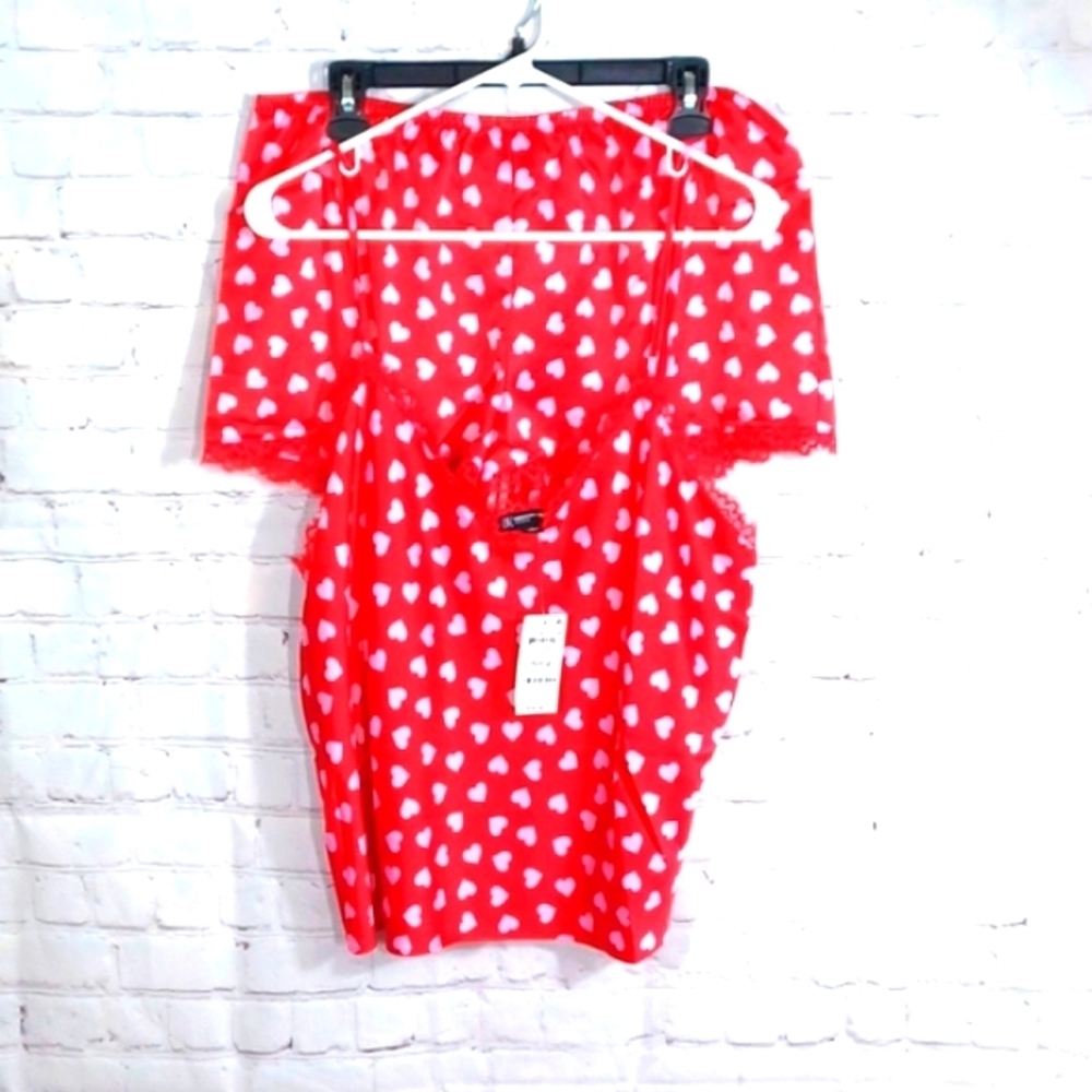 INC Conceps CandyHearts Womans Red Teddy 2‎ Piece Sexy SleepWear L